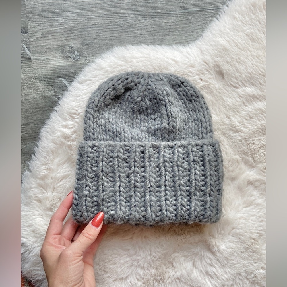 Grey beanie chunky braided knit wide fold over winter hat accessories OSFM